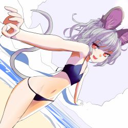 Rule 34 | 1girl, animal ears, beach, bikini, black bikini, blush, grey hair, ishikkoro, looking at viewer, mouse ears, mouse tail, navel, nazrin, open mouth, outstretched arms, red eyes, shawl, short hair, smile, solo, spread arms, swimsuit, tail, touhou