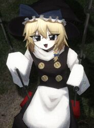 Rule 34 | 1girl, apron, black eyes, blonde hair, bow, cookie (touhou), crying, grass, hair between eyes, hair bow, hat, holding, kirisame marisa, long skirt, long sleeves, looking at viewer, open mouth, shadow, shirt, short hair, sitting, skirt, sleeves past fingers, sleeves past wrists, smile, solo, swing, touhou, vest, white apron, witch hat, yuuhi (cookie)