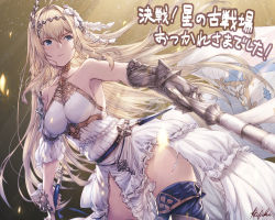 Rule 34 | 1girl, ahoge, bare shoulders, blonde hair, blue eyes, blue thighhighs, breasts, dress, flower, gauntlets, granblue fantasy, hair flower, hair intakes, hair ornament, hairband, ivris, jeanne d&#039;arc (granblue fantasy), large breasts, sideboob, signature, solo, standard bearer, sword, thighhighs, torn clothes, torn dress, translation request, weapon, white dress