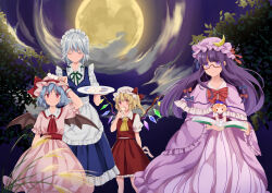 Rule 34 | 4girls, absurdres, apron, ascot, bat wings, black wings, blonde hair, blue hair, blue skirt, blue vest, book, bow, bowtie, braid, brooch, capelet, closed eyes, closed mouth, cloud, cloudy sky, collared shirt, commentary request, crescent, crescent hat ornament, crystal, dango, dress, feet out of frame, flandre scarlet, food, frilled apron, frilled shirt collar, frilled skirt, frilled sleeves, frills, full moon, glasses, green ribbon, grey hair, hand on headwear, hat, hat bow, hat ornament, hat ribbon, highres, holding, holding book, holding plate, izayoi sakuya, jewelry, kirisame marisa, long hair, long sleeves, looking at viewer, maid, maid headdress, medium hair, mini person, minigirl, mob cap, moon, multicolored wings, multiple girls, neck ribbon, night, night sky, open book, open mouth, outdoors, patchouli knowledge, pink capelet, pink dress, pink headwear, pink shirt, pink skirt, plate, puffy short sleeves, puffy sleeves, purple eyes, purple hair, purple headwear, red ascot, red bow, red bowtie, red brooch, red eyes, red ribbon, red skirt, red vest, remilia scarlet, ribbon, shirt, short sleeves, skirt, skirt set, sky, striped clothes, striped dress, tegral (tegral 0510), touhou, tree, twin braids, vertical-striped clothes, vertical-striped dress, vest, wagashi, waist apron, white apron, white headwear, white shirt, wide sleeves, wings, witch hat, wrist cuffs, yellow ascot