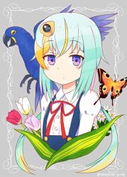 Rule 34 | 1girl, bad id, bad twitter id, bird, blonde hair, blue dress, blue hair, blush stickers, bug, butterfly, closed mouth, collared shirt, commentary request, dress, dress shirt, flower, grey background, insect, juliet sleeves, kanden sky, leaf, long sleeves, looking at viewer, multicolored hair, parrot, pink flower, puffy sleeves, purple eyes, red flower, shirt, simple background, solo, streaked hair, tulip, two-tone hair, white flower, white shirt