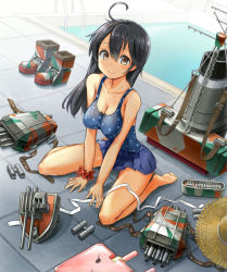 Rule 34 | 10s, 1girl, :3, ahoge, bare legs, barefoot, black hair, blue skirt, blush, boots, unworn boots, breasts, brown eyes, cannon, cleavage, collarbone, female focus, full body, hair between eyes, hat, unworn hat, unworn headwear, kantai collection, kona (garihagemegane), large breasts, long hair, looking at viewer, miniskirt, narrow waist, on floor, one-piece swimsuit, pleated skirt, polka dot, polka dot swimsuit, pool, revision, scrunchie, sitting, skirt, sleeveless, solo, straw hat, swimsuit, tank top, taut clothes, tile floor, tiles, torpedo, turret, ushio (kancolle), wariza, wrist scrunchie