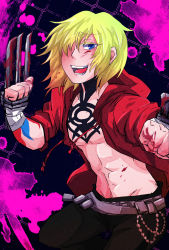 Rule 34 | 1boy, artist request, belt, blade, blonde hair, blood, blue eyes, clothes, gunji, highres, hood, hoodie, jacket, long hair, looking at viewer, male focus, multicolored background, muscular, open mouth, pants, purple background, shirt, smile, solo, tattoo, teeth, togainu no chi