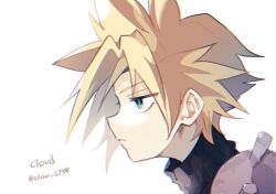 Rule 34 | 1boy, aqua eyes, armor, blonde hair, blue shirt, character name, clear 2758, cloud strife, final fantasy, final fantasy vii, final fantasy vii remake, looking to the side, male focus, parted bangs, profile, shirt, short hair, shoulder armor, solo, spiked hair, square enix, turtleneck, twitter username, upper body, white background