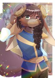 Rule 34 | animal ears, armor, black pants, blue shirt, blurry, blurry background, braid, brown eyes, brown hair, closed mouth, commentary request, commission, cowboy shot, curled horns, depth of field, furry, green eyes, hair over shoulder, hand up, heterochromia, horns, kou hiyoyo, long hair, long sleeves, looking at viewer, original, pants, pauldrons, puffy long sleeves, puffy sleeves, shirt, shoulder armor, single braid, skeb commission, solo, standing, tail