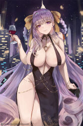 1girl alcohol areola_slip bare_shoulders bb_(fate) bb_dubai_(fate) belly_chain blush braid braided_hair_rings breasts center_opening chain cleavage cup drinking_glass fate/grand_order fate_(series) gold_chain hair_ribbon hair_rings highres jewelry large_breasts long_hair looking_at_viewer no_panties purple_hair ribbon side_slit skindentation smile solo thighs twin_braids vicarious wine wine_glass yellow_ribbon