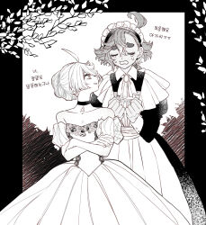 Rule 34 | 2girls, apron, branch, choker, commentary request, crossed arms, crying, dress, greyscale, gundam, gundam suisei no majo, hair bun, hair up, hairband, hands up, highres, korean commentary, korean text, long hair, maid, maid apron, maid headdress, miorine rembran, monochrome, multiple girls, myong8 0, off-shoulder dress, off shoulder, open mouth, outdoors, suletta mercury, tears, thick eyebrows, translation request