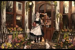 Rule 34 | 1girl, animal, apron, black dress, brown eyes, brown flower, brown footwear, brown hair, commentary request, day, door, dress, flower, frilled apron, frills, highres, holding, huge filesize, long hair, long sleeves, menu board, original, outdoors, ozyako, pantyhose, pink flower, plant, potted plant, rabbit, rabbit ears, shoes, sign, solo, standing, very long hair, waist apron, watering can, white apron, white pantyhose, window, yellow flower
