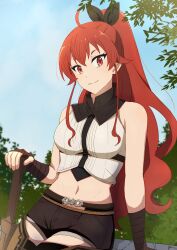 Rule 34 | 1girl, ahoge, arm support, belt, black ribbon, boots, breasts, brown belt, brown shorts, eris greyrat, fingerless gloves, gloves, hair ribbon, high ponytail, highres, looking at viewer, medium breasts, mushoku tensei, navel, outdoors, red eyes, red hair, ribbon, short shorts, shorts, sleeveless, smile, solo, stomach, sword, thigh boots, tree, weapon, wooden sword, yaken (11keionnota06)
