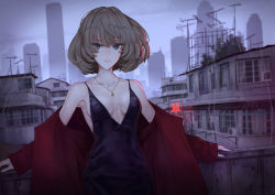 Rule 34 | 1girl, against railing, antenna hair, armpits, bare shoulders, black dress, blue eyes, breasts, brown hair, building, city, cleavage, closed mouth, collarbone, dress, dutch angle, evening gown, fog, heterochromia, house, idolmaster, idolmaster cinderella girls, jacket, kaoming, lips, long sleeves, looking at viewer, medium breasts, mole, mole under eye, off shoulder, open clothes, open jacket, outdoors, railing, red jacket, short hair, sign, skyscraper, sleeves past wrists, takagaki kaede, tsurime, upper body