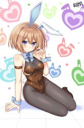 Rule 34 | 1girl, absurdres, alternate costume, animal ears, bare shoulders, blanc (neptunia), blue bow, blue bowtie, blue eyes, blue gemstone, blush, bodysuit, bow, bowtie, breasts, brown hair, collar, covered navel, cuffs, curious, detached collar, expressionless, fishnet bodysuit, fishnets, full body, gem, hand up, heart, heart background, high heels, highres, leggings, leotard, lewdkuma, looking at viewer, medium hair, neck, neptune (series), on ground, parted lips, playboy bunny, rabbit background, rabbit ears, rabbit tail, ribbon, short hair, sitting, small breasts, solo, tail, thigh gap, thighs, white background, wrist cuffs