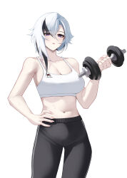 Rule 34 | 1girl, absurdres, arlecchino (genshin impact), black eyes, black hair, black leggings, black pants, breasts, cleavage, collarbone, commentary request, dumbbell, exercising, genshin impact, hair between eyes, hand on own hip, highres, large breasts, leggings, long hair, looking at viewer, multicolored hair, navel, open mouth, pants, red pupils, ryo e, solo, streaked hair, symbol-shaped pupils, tank top, variant set, weightlifting, white background, white hair, white tank top, x-shaped pupils, yoga pants