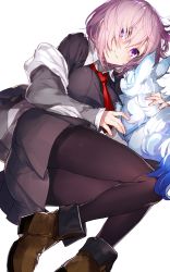 Rule 34 | 1girl, absurdres, black pantyhose, boots, breasts, collared shirt, unworn eyewear, fate/grand order, fate (series), fou (fate), glasses, hair over eyes, highres, jacket, large breasts, looking at viewer, lying, mash kyrielight, md5 mismatch, mika pikazo, necktie, on side, pantyhose, pleated skirt, purple eyes, purple hair, red necktie, resolution mismatch, shirt, skirt, smile, source smaller, white background