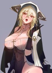 Rule 34 | 1girl, absurdres, azur lane, blush, breasts, cleavage, covered erect nipples, drooling, e-razor, heart, heart-shaped pupils, highres, implacable (azur lane), large breasts, long hair, looking at viewer, nun, open mouth, saliva, solo, symbol-shaped pupils, tongue