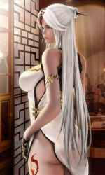 Rule 34 | 1girl, absurdres, armlet, ass, bare shoulders, black gloves, breasts, china dress, chinese clothes, claw ring, cowboy shot, dress, from behind, genshin impact, gloves, hair ornament, hair stick, hair tassel, highres, indoors, large breasts, long hair, looking back, ningguang (genshin impact), no panties, parted bangs, parted lips, red eyes, solo, tassel, tassel hair ornament, white hair, yoellim5