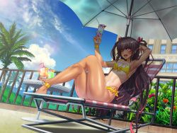 Rule 34 | 1girl, action taimanin, aoi nagisa (metalder), arm up, armpits, ass, bare shoulders, barefoot, beach, beach chair, beach umbrella, bikini, blush, breasts, brown hair, chair, choker, cleavage, cloud, crossed legs, cup, curvy, dark-skinned female, dark skin, day, drink, drinking glass, feet, female focus, flower, game cg, hair ribbon, hand up, happy, highleg, highleg swimsuit, holding, holding cup, huge ass, legs, lilith-soft, long hair, looking at viewer, lounge chair, lying, mizuki yukikaze, navel, one-piece tan, one eye closed, open mouth, outdoors, palm tree, parasol, pink eyes, plant, ribbon, shiny skin, sky, small breasts, smile, solo, swimsuit, taimanin (series), taimanin yukikaze, tan, tanline, thighhighs, thighs, toned, tree, twintails, two side up, umbrella, very long hair, wide hips, wink, yellow bikini