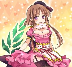 Rule 34 | 1girl, :3, apron, argyle, argyle background, argyle clothes, black hat, black thighhighs, blunt bangs, blush, breasts, brown hair, cleavage, cowboy shot, dress, garter straps, gradient background, hat, heart, large breasts, looking at viewer, mouth hold, myouga (plant), nishida satono, orange background, pink dress, pote (ptkan), puffy short sleeves, puffy sleeves, purple eyes, red ribbon, ribbon, short hair with long locks, short sleeves, sidelocks, smile, solo, sweatdrop, thighhighs, touhou, yellow background