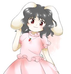 Rule 34 | 1girl, :3, animal ears, carrot necklace, closed mouth, flat chest, floppy ears, grey hair, hand up, inaba tewi, jewelry, looking at viewer, necklace, nonamejd, official style, pink shirt, pink skirt, rabbit ears, rabbit girl, rabbit tail, red eyes, shirt, short hair, short sleeves, skirt, solo, tail, touhou, white tail, zun (style)