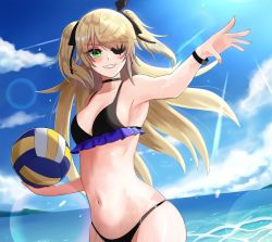 Rule 34 | 1girl, armpits, ball, beach, bikini, blonde hair, breasts, eyepatch, fischl (genshin impact), genshin impact, green eyes, hair between eyes, long hair, looking at viewer, medium breasts, navel, ocean, s redbutterfly, smile, stomach, swimsuit, twintails, two side up, volleyball, volleyball (object)