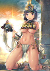 Rule 34 | 1girl, ancient princess menace, bare shoulders, black hair, blue eyes, blush, breasts, cloud, commentary request, crown, egyptian, full body, jewelry, kneeling, large breasts, looking at viewer, menace (queen&#039;s blade), menace (queen's blade), navel, open mouth, panties, pelvic curtain, queen&#039;s blade, revealing clothes, sandals, setra, shiny skin, short hair, sky, solo, striped clothes, striped panties, sunlight, sunrise, underboob, underwear, yoshimura (yoshimura4shi)