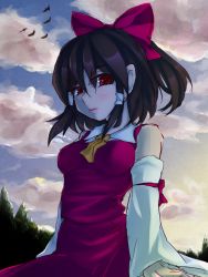 Rule 34 | 1girl, arm support, bad id, bad pixiv id, bare shoulders, bird, bow, breasts, brown hair, cloud, detached sleeves, gradient background, hair bow, hair tubes, hakurei reimu, lips, looking down, maina (kazumi3), necktie, red eyes, sitting, sketch, sky, solo, sunset, touhou, upper body, wide sleeves