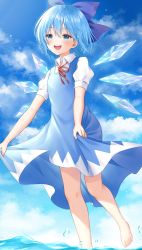 Rule 34 | 1girl, :d, barefoot, blue bow, blue dress, blue eyes, blue hair, blush, bow, cirno, cloud, cloudy sky, collared shirt, commentary, day, dress, foot out of frame, hair between eyes, hair bow, highres, holding, holding clothes, holding skirt, ice, ice wings, neck ribbon, open mouth, puffy short sleeves, puffy sleeves, red ribbon, ribbon, shirt, short hair, short sleeves, skirt, sky, smile, solo, teeth, touhou, upper teeth only, wading, white shirt, wing collar, wings, y na1211