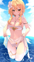 Rule 34 | 1girl, absurdres, bare arms, bare shoulders, bikini, blonde hair, breasts, caustics, cleavage, collarbone, day, flower, genshin impact, gluteal fold, grin, hair flower, hair ornament, highres, jewelry, lifting own clothes, looking at viewer, lumine (genshin impact), medium breasts, navel, necklace, outdoors, parted lips, sarong, short hair with long locks, skindentation, smile, solo, standing, stomach, swimsuit, thigh gap, thighhighs, thighs, w.k, wading, water, wet, white bikini, white thighhighs, yellow eyes