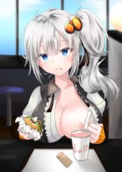 Rule 34 | 1girl, absurdres, blue eyes, blush, breasts, burger, chewing, chibi yawawa, cloud, convenient censoring, drink, eating, flashing, food, hair ornament, highres, holding, holding food, indoors, kizuna akari, large breasts, light smile, long hair, looking at viewer, no bra, side ponytail, silver hair, sitting, sky, solo, upper body, voiceroid, window