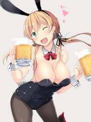 Rule 34 | 1girl, ;d, anchor hair ornament, animal ears, beer mug, black leotard, blonde hair, breasts, rabbit ears, rabbit tail, cleavage, collarbone, covered navel, cowboy shot, cup, detached collar, fake animal ears, gin&#039;ichi (akacia), green eyes, hair ornament, heart, kantai collection, large breasts, leaning forward, leotard, long hair, looking at viewer, mug, one eye closed, open mouth, pantyhose, playboy bunny, prinz eugen (kancolle), red footwear, simple background, smile, solo, spoken heart, standing, tail, twintails, white background, wrist cuffs