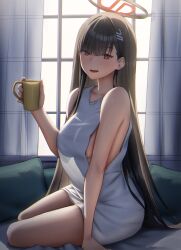 Rule 34 | 1girl, absurdres, bare arms, bare shoulders, black hair, blue archive, blush, breasts, cup, dress, gileu, hair ornament, halo, highres, holding, holding cup, indoors, large breasts, long hair, looking at viewer, parted lips, pillow, red eyes, rio (blue archive), sitting, sleeveless, smile, solo, thighs, white dress