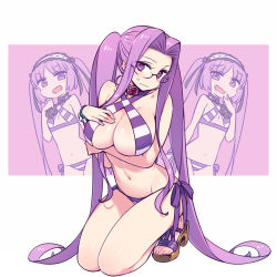 Rule 34 | 3girls, bare legs, bikini, bracelet, breast hold, breasts, chan co, cleavage, closed mouth, collar, commentary, cosplay, criss-cross halter, euryale (fate), fate/grand order, fate (series), full body, glasses, hair intakes, hairband, halterneck, jewelry, kneeling, large breasts, lolita hairband, long hair, medusa (fate), medusa (rider) (fate), multiple girls, navel, nero claudius (fate), nero claudius (fate) (all), nero claudius (swimsuit caster) (fate), nero claudius (swimsuit caster) (fate) (cosplay), sandals, scrunchie, siblings, side-tie bikini bottom, sidelocks, sisters, small breasts, stheno (fate), sweatdrop, swimsuit, twintails, very long hair, wrist scrunchie