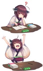 Rule 34 | 1girl, ?, ahoge, arms up, book, brown hair, closed eyes, closed mouth, eraser, headgear, hibi tsuna, highres, japanese clothes, kimono, long sleeves, multiple views, obi, open book, open mouth, pencil, pencil case, red eyes, sash, short hair, simple background, touhoku kiritan, voiceroid, white background, white kimono, wide sleeves