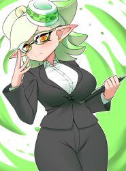 Rule 34 | 1girl, adjusting eyewear, alternate breast size, alternate costume, bespectacled, black jacket, black pants, blazer, blush, bow-shaped hair, breasts, buttons, closed mouth, collared shirt, commentary request, cowboy shot, dress shirt, earrings, glasses, gradient hair, green-framed eyewear, green hair, hand on eyewear, highres, holding, holding tablet pc, inkling, jacket, jewelry, large breasts, long sleeves, marie (splatoon), medium hair, mole, mole under eye, multicolored hair, nintendo, no nose, office lady, orange pupils, pants, pero (pero7762), pointy ears, shirt, solo, splatoon (series), splatoon 1, star-shaped pupils, star (symbol), swept bangs, symbol-shaped pupils, tablet pc, tentacle hair, two-tone hair, white hair, white shirt, yellow eyes