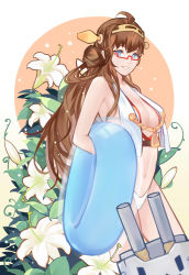 Rule 34 | 10s, 1girl, absurdres, ahoge, artist request, bare shoulders, bespectacled, bikini, bikini bottom only, blue eyes, breasts, brown hair, cleavage, collarbone, cowboy shot, double bun, flower, glasses, grin, hair bun, hairband, headgear, highres, huangshiyu05, innertube, kantai collection, kongou (kancolle), lily (flower), long hair, looking at viewer, looking to the side, no bra, nontraditional miko, parted lips, photobomb, red-framed eyewear, rensouhou-chan, semi-rimless eyewear, smile, solo, swim ring, swimsuit, under-rim eyewear, very long hair, white bikini