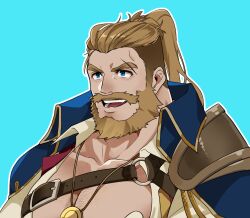 Rule 34 | 1boy, aqua background, bara, beard, bergamond (crave saga), chest belt, chest hair, coat, coat on shoulders, crave saga, eyebrow cut, facial hair, highres, large pectorals, long hair, looking ahead, male focus, mature male, medal, muscular, muscular male, pectoral cleavage, pectorals, smile, solo, sparse chest hair, thick eyebrows, thick mustache, upper body, usuki (usukine1go)