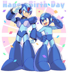 Rule 34 | 2boys, android, anniversary, blush, capcom, commentary request, confetti, full body, green eyes, hand on own hip, happy birthday, helmet, iroyopon, looking at another, male focus, mega man (character), mega man (classic), mega man (series), x (mega man), mega man x (series), multiple boys, open mouth, salute, smile, standing