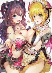 Rule 34 | 10s, 2girls, ahoge, apron, asymmetrical docking, between breasts, blonde hair, blue eyes, breast press, breasts, clothes lift, cowboy shot, cross-laced clothes, detached collar, frill trim, frills, from side, gloves, green eyes, grey gloves, hair ornament, hand to own mouth, head wings, heart, heart necklace, highres, hougu souji, ichinose shiki, idolmaster, idolmaster cinderella girls, jewelry, large breasts, long hair, looking at viewer, maid headdress, midriff, miyamoto frederica, multiple girls, navel, necklace, plaid, purple hair, ribbon trim, short hair, simple background, skirt, skirt lift, smile, tongue, tongue out, two side up, waist apron, wings, wrist cuffs