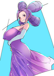 Rule 34 | 1girl, absurdres, bare shoulders, blue background, blush, breasts, covered erect nipples, creatures (company), detached collar, dress, elbow gloves, fantina (pokemon), from side, game freak, gloves, highres, huge breasts, looking at viewer, looking to the side, masamu (leonore69), nintendo, pokemon, pokemon dppt, purple dress, purple eyes, purple hair, quad tails, smile, solo