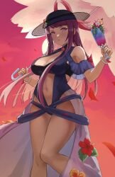 Rule 34 | 1girl, absurdres, bare shoulders, black hat, blue one-piece swimsuit, breasts, cleavage, clothing cutout, dress, dress swimsuit, fire emblem, fire emblem engage, fire emblem heroes, flower, furrowed brow, hat, highres, ivy (fire emblem), ivy (summer) (fire emblem), large breasts, long hair, mole, mole under mouth, navel, nintendo, official alternate costume, one-piece swimsuit, pearlbbbb, pout, purple eyes, purple hair, solo, stomach, stomach cutout, swimsuit