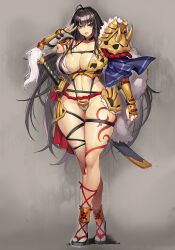Rule 34 | 1girl, armor, asymmetrical armor, black hair, blue eyes, breasts, bridal gauntlets, cameltoe, cleavage, curvy, facial tattoo, gauntlets, gluteal fold, gurimjang, highres, large breasts, leg tattoo, long hair, navel, original, parted lips, revealing clothes, shoulder armor, shoulder tattoo, solo, stomach, sword, tabi, tattoo, thighs, very long hair, weapon, wide hips