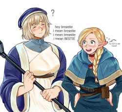 Rule 34 | 2girls, ?, belt, belt pouch, beret, blonde hair, blue capelet, blue hat, blue robe, blush, bow, braid, braided ponytail, capelet, choker, closed eyes, dungeon meshi, elf, english text, falin touden, falin touden (tallman), green eyes, hair bow, hat, highres, holding, holding staff, im vess, long hair, marcille donato, multiple girls, pointy ears, pouch, red bow, red choker, robe, shirt, short hair, simple background, staff, twitter username, white background, white shirt, yuri