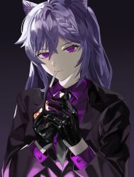 Rule 34 | 1girl, absurdres, alternate costume, black gloves, black jacket, black necktie, braid, breasts, buttons, cigarette, closed mouth, collared jacket, collared shirt, commentary request, diamond (shape), genshin impact, gloves, gradient background, hair between eyes, hair ears, hands up, highres, jacket, keqing (genshin impact), korean commentary, long hair, long sleeves, looking at viewer, medium breasts, necktie, purple background, purple eyes, purple hair, purple shirt, reki (user rcrd4534), shirt, solo