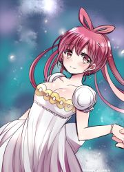 Rule 34 | 1girl, blush, breasts, cleavage, gradient background, looking at viewer, magi the labyrinth of magic, mamemix, red hair, ren kougyoku, short hair, smile, solo, tagme, upper body, yellow eyes