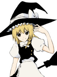 Rule 34 | 1girl, blonde hair, bow, braid, broom, female focus, hair bow, hat, kaden, kirisame marisa, simple background, skirt, solo, touhou, varu (forscryd), white background, witch, witch hat, yellow eyes