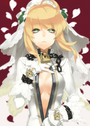 Rule 34 | 10s, 1girl, 92m, ahoge, blonde hair, blurry, breasts, center opening, chain, cleavage, depth of field, fate/extra, fate/extra ccc, fate/stay night, fate (series), flower, gloves, green eyes, hair flower, hair ornament, hand on own chest, lock, nero claudius (bride) (fate), nero claudius (fate), nero claudius (fate), padlock, petals, short hair, solo, unzipped, unzipping, veil, white gloves, zipper