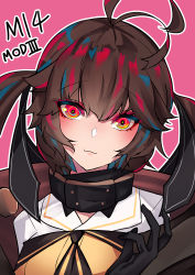 Rule 34 | 1girl, absurdres, antenna hair, bad id, bad pixiv id, black gloves, black neckwear, brown hair, character name, closed mouth, collared shirt, commentary request, girls&#039; frontline, gloves, hair between eyes, hand up, head tilt, highres, looking at viewer, m14 (girls&#039; frontline), m14 (mod3) (girls&#039; frontline), meow nyang, mod3 (girls&#039; frontline), outline, pink background, red eyes, shirt, simple background, smile, solo, two side up, white outline, white shirt