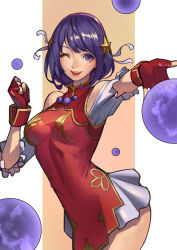 Rule 34 | 1girl, asamiya athena, blush, breasts, earrings, gloves, hair ornament, hairband, jewelry, looking at viewer, one eye closed, open mouth, phamoz, psycho soldier, purple eyes, purple hair, red hairband, short hair, smile, solo, star (symbol), star hair ornament, the king of fighters, the king of fighters xv