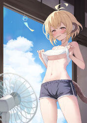 Rule 34 | 1girl, absurdres, ahoge, andira (granblue fantasy), animal ears, blonde hair, blush, breasts, brown tail, clothes lift, electric fan, erune, fanning self, food, granblue fantasy, highres, hot, indoors, kimblee, midriff, monkey ears, monkey girl, monkey tail, navel, no hairband, popsicle, red eyes, shirt, shirt lift, small breasts, solo, stomach, sweat, tail, tank top, tongue, tongue out, underboob, wind chime
