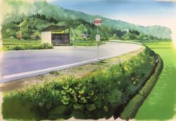 Rule 34 | blue sky, building, bus stop, bush, chochottochoina, forest, grass, hill, house, mountain, mountainous horizon, nature, omohide poro poro, painting (medium), plant, road, road sign, rural, sign, sky, tall grass, terrace, traditional media, tree, utility pole
