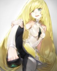 Rule 34 | 1girl, aos, bare arms, bare shoulders, blonde hair, blunt bangs, blush, breasts, commentary request, creatures (company), dress, feet, game freak, green eyes, hair over one eye, highres, leg lift, leg up, leggings, long hair, looking at viewer, lusamine (pokemon), nintendo, open mouth, pokemon, pokemon sm, sitting, skirt, sleeveless, sleeveless dress, small breasts, smile, solo, toe cleavage, toes, very long hair, white dress